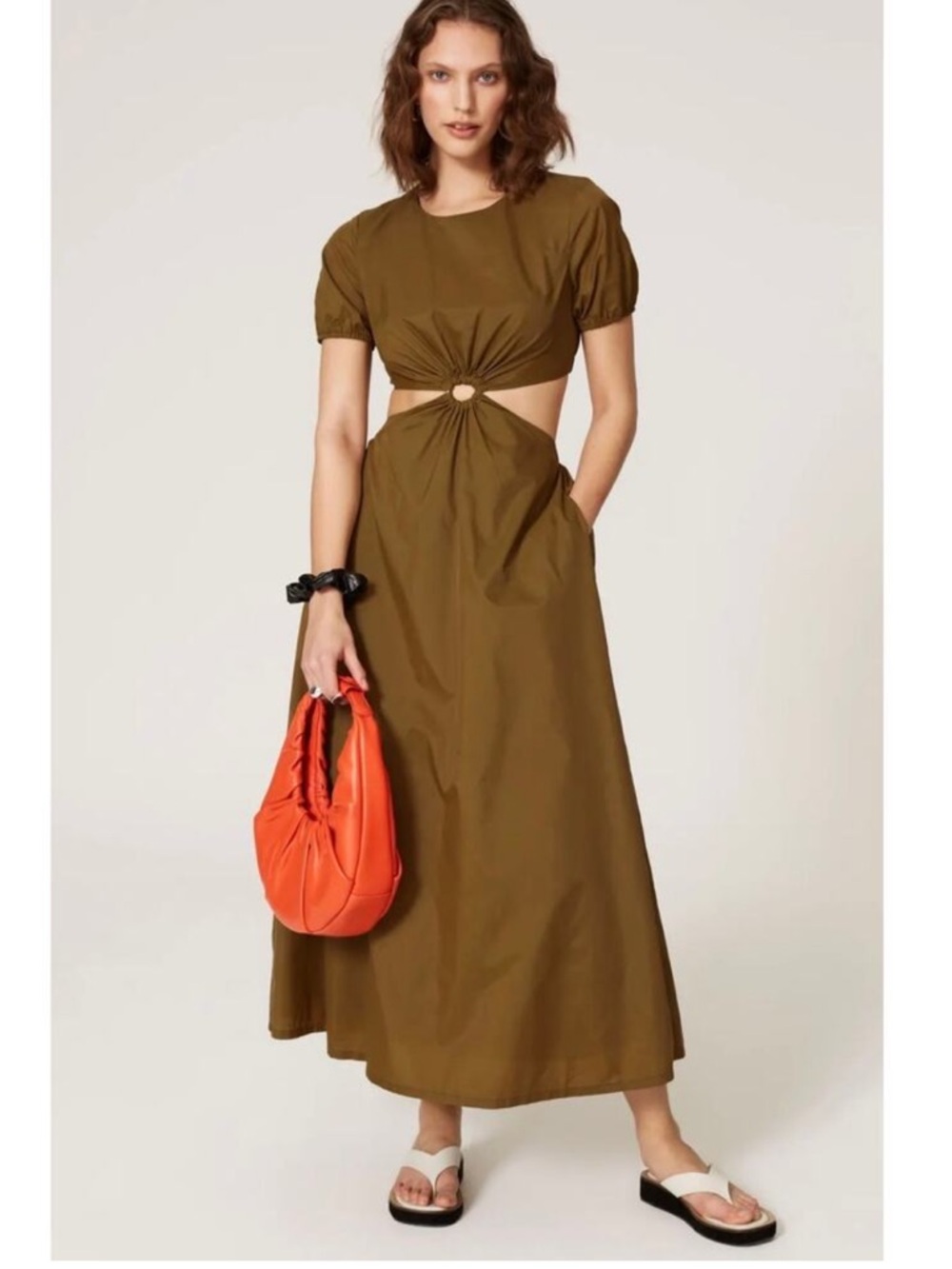 Staud Calypso Short Puff Sleeve Cutout Ruched Ring Maxi Dress
Caper Green Sz XS
